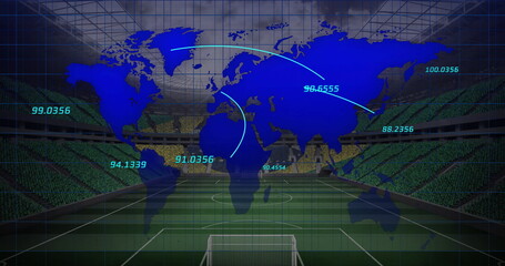 Displaying blue world map overlay inside stadium, with data lines, numeric labels, grid, goalposts
