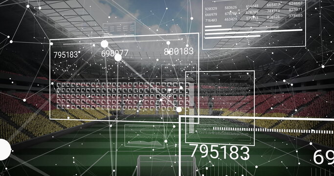 Displaying augmented reality data floating above pitch at soccer stadium, with goalposts and charts - Powered by Adobe