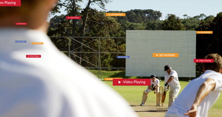 Bowling bowler delivering ball past batsman and keeper at cricket pitch with stumps plus overlays