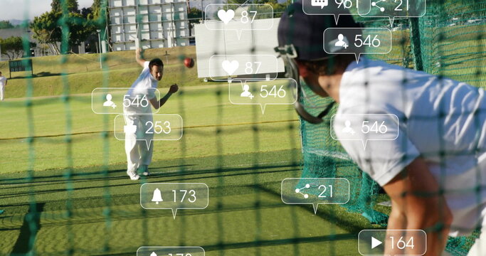 Bowling cricketer delivering red ball in net cage, batsman waiting with bat, helmet, digital icons