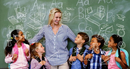 Hugging teacher holding students chatting in classroom, with chalkboard doodles and backpacks