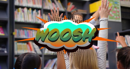 Raising hands, elementary students answering teacher question at library tables with WOOSH overlay