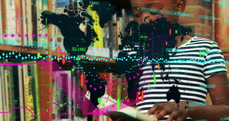 Reading schoolgirl holding open book by library bookshelves, with world map and data charts