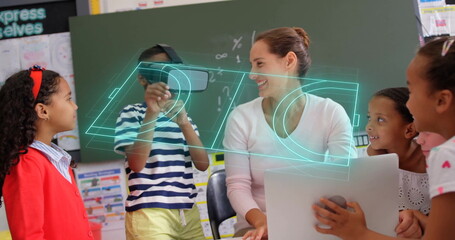 Guiding teacher using laptop and projecting hologram with students holding VR headset at classroom