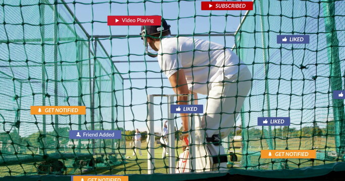 Batting cricketer wearing uniform, helmet, pads and gloves in net cage, with social media overlays