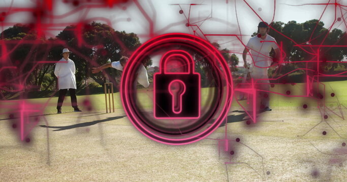 Bowling cricketer wearing white sending ball toward batsman on pitch, with padlock network overlay - Powered by Adobe