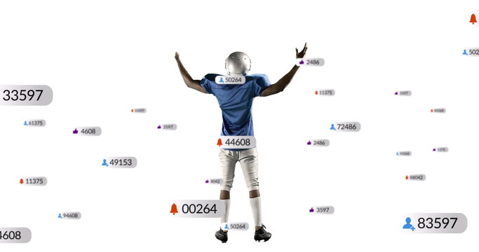 Raising arms football player celebrating social stats in white studio with blue jersey and helmet