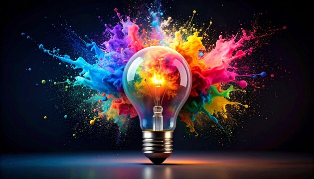 Creative light bulb explodes with colorful paint and colors. idea, brainstorming concept
