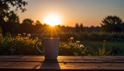 Fototapeta premium Sunlight hitting a ceramic coffee mug placed on wooden table in outdoor garden