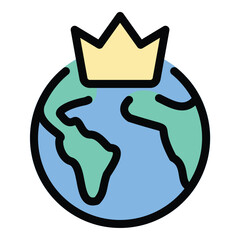 Worldwide king icon flat line style illustration representing global influence and top-tier status, suitable for leadership branding, international recognition, and premium achievement projects