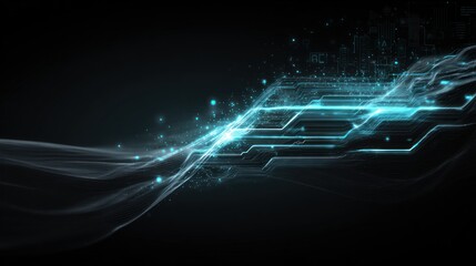 Abstract digital circuit design with glowing lines and particles.
