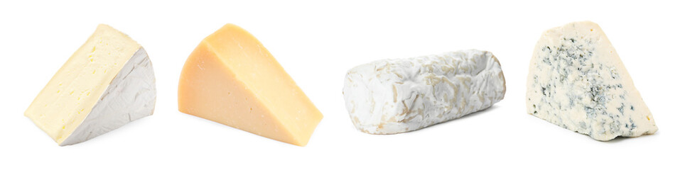 Different types of cheese isolated on white, set