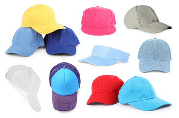 Baseball and visor caps in different colors isolated on white, set