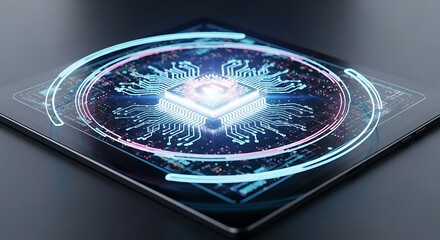 Digital circuit board with glowing central processor.