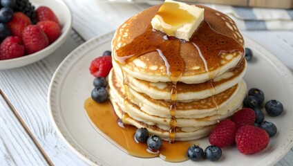 pancake stack with dripping honey from above with berries served on white plate