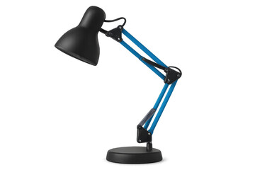 Black, blue articulated desk lamp showcasing contemporary design, providing targeted workspace illumination against transparent backdrop