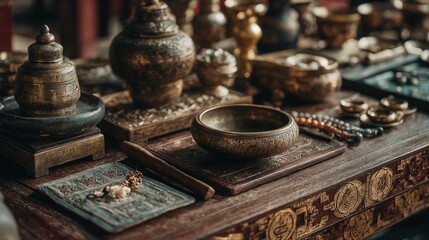Fototapeta premium Detailed display of antique asian brassware and ritual artifacts on wooden surface