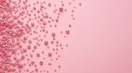 A pink background is adorned with scattered beads, creating an inviting space for text.