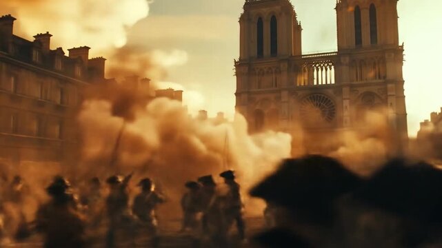 French revolutionaries gathering in Paris streets with Notre Dame cathedral backdrop during historic rebellion period showcasing 18th century uprising atmosphere