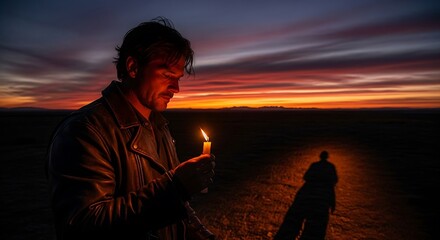 Obraz premium Person holding a candle at sunset.