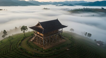 Fototapeta premium Wooden Heritage Home on Misty Hillside with Scenic Background of Foggy Asian Landscape