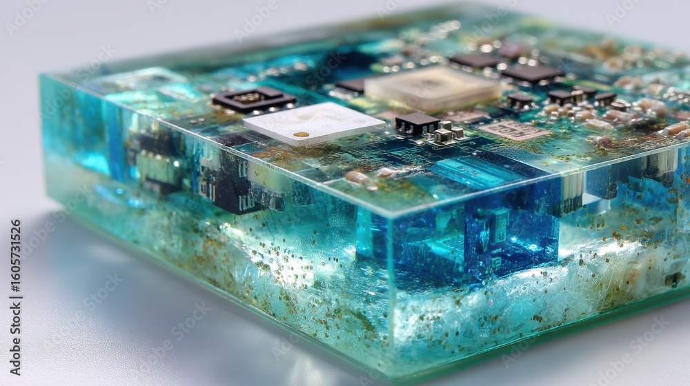Poster transparent resin cube containing a circuit board with visible sensors and energy conversion compone