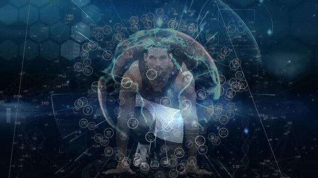 Sprinter blocks on start cue launching drive while rotating data globe pulsing performance metrics