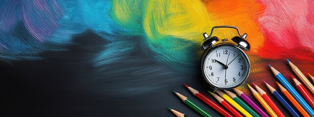 Photo of a blackboard with colored pencils and an alarm clock on the right side, representing education and time management in high school. Web banner with copy space on the left-hand side.