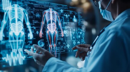 A doctor carefully examines a virtual x-ray projection with focused attention. The integration of advanced technology in medical diagnostics. Generative AI. - Powered by Adobe