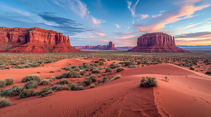 Monument Valley's iconic sandstone buttes glow in the warm light of sunrise, with a sandy desert foreground dotted with sparse green shrubs under a colorful sky.