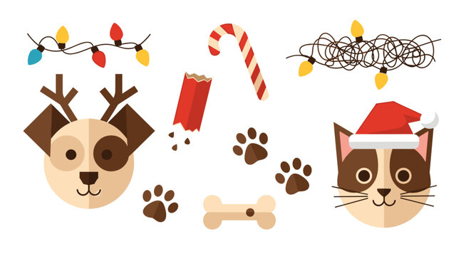 Festive christmas themed image featuring a dog with antlers cat with santa hat and christmas lights