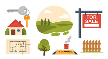 Naklejka premium Illustration of a house with keys, for sale sign, landscape, floor plan, tree, and welcome mat scene