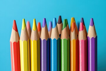 Photo of a set of colorful school supplies on a light blue background, including pencils and markers. Web banner with copy space in the bottom right corner.