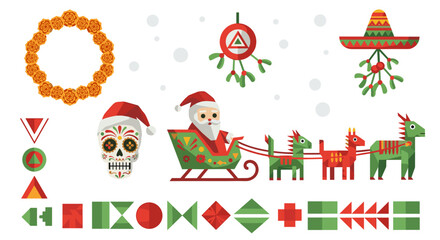 Fototapeta premium Festive mexican christmas with santa in a sleigh pulled by alebrijes and day of the dead elements