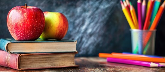 Photo of a stack of books, an apple, and colorful pencils in front of a chalkboard background. Web banner with copy space on the right.