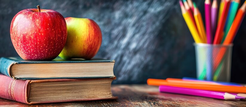 Photo of a stack of books, an apple, and colorful pencils in front of a chalkboard background. Web banner with copy space on the right.