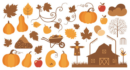 Illustration of autumn harvest elements including pumpkins apples leaves and a barn scene in brown