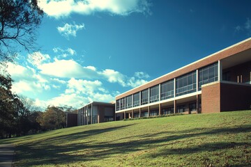 Obraz premium Photograph of a modern high school with a grassy yard, brick building exterior, blue sky, and a suburban setting.