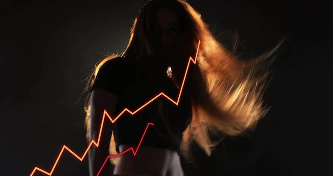Jagged line graph pulsing on set initiating performer swaying silhouette highlighting data trends