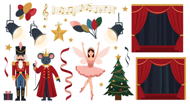 Illustration of nutcracker characters ballerina christmas tree and theater curtains on white background