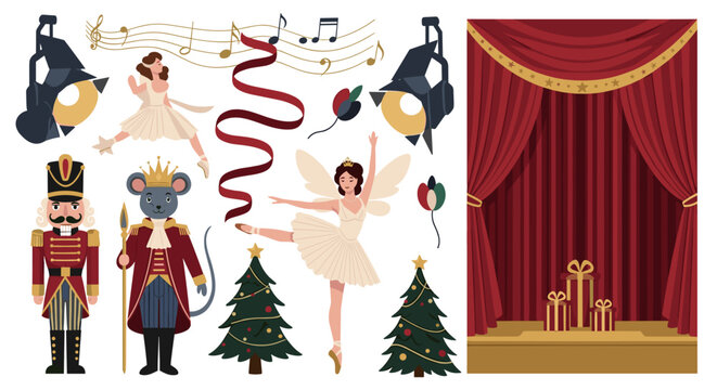 A collection of nutcracker ballet themed elements featuring dancers stage and christmas trees with gifts