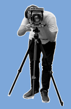 front view photographer taking pictute with large format camera pixelate black and white color halftone dotted texture style collage element isolated on blue background. 