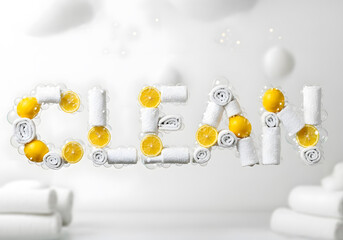 White towels, lemon slices, and bubbles spell out the word "CLEAN" on a white background