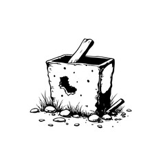 Drawing of a derelict and broken cube with a piece of wood standing amid grasses and rocks