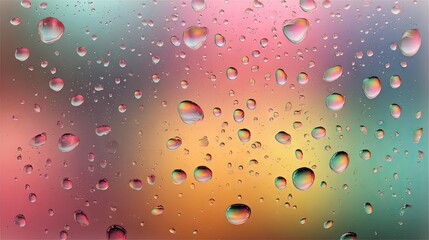 Water droplets on a surface, reflecting a rainbow of colors.