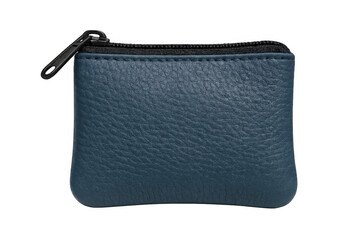 Blue leather coin purse closed, black zipper prominent, resting on transparent backdrop, showcasing refined texture and minimalist styling