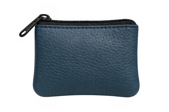 Blue leather coin purse closed, black zipper prominent, resting on transparent backdrop, showcasing refined texture and minimalist styling