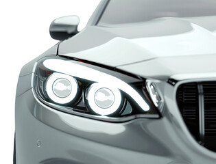 Fototapeta na wymiar PNG Close-up of the headlight and front light on a silver car automobile vehicle view.