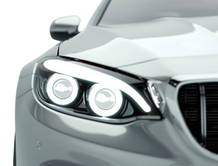 PNG Close-up of the headlight and front light on a silver car automobile vehicle view.