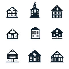 Fototapeta premium Silhouette school building icons set, illustration on a white background. Simple design with bold outlines, flat colors, and a minimalistic style. Composed of simple shapes